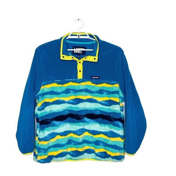LANDS END Women's Heritage‎ Fleece Snap Pullover Sweater Blue Striped Sz 2X - Picture 1 of 7